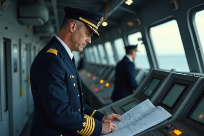 Officier de la Marine nationale en uniforme de cérémonie sur la passerelle d'un navire de guerre, consultant des cartes de navigation