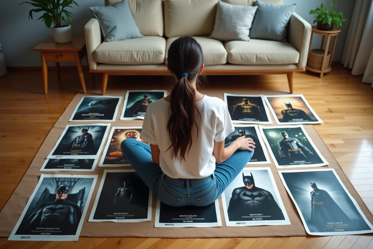 Jeune femme organisant des affiches de films Batman par réalisateur et saga sur le sol d'un salon