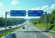 Panneau routier européen avec distances en km et mi