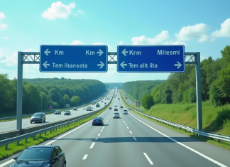 Panneau routier européen avec distances en km et mi
