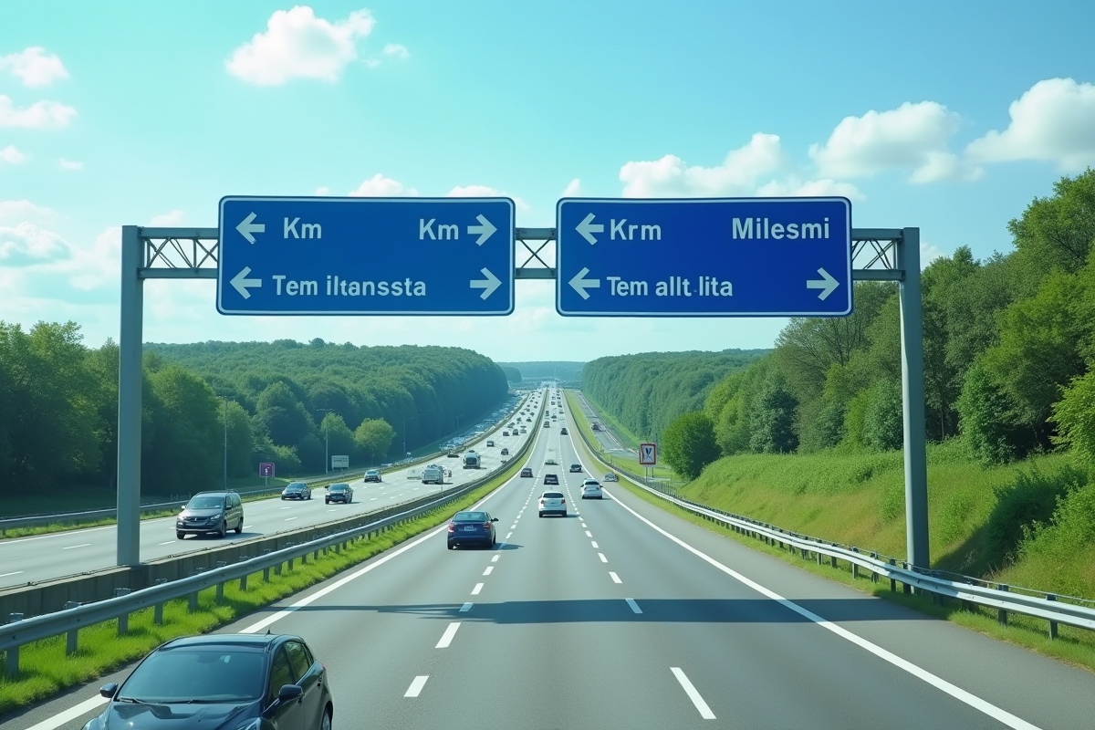 Panneau routier européen avec distances en km et mi
