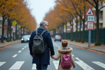P&egrave;re et fille &agrave; la sortie de l'&eacute;cole dans la ville