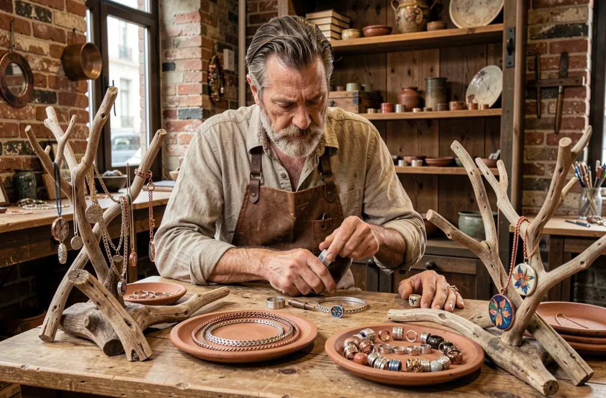 Joaillier de Père Tanguy Bijoux à Paris gravant un anneau en argent dans sa boutique bohème avec des présentoirs en bois flotté et briques apparentes