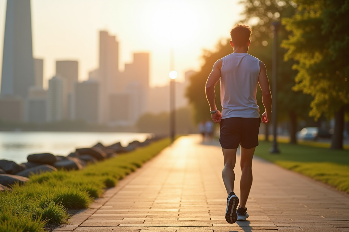 Personne active marchant le long d'un chemin urbain au bord de l'eau