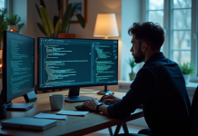 Personne concentrée sur un ordinateur portable avec code et notes