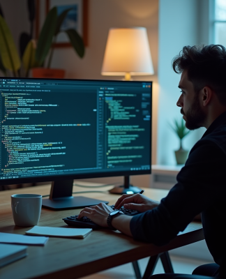 Personne concentrée sur un ordinateur portable avec code et notes