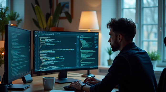 Personne concentrée sur un ordinateur portable avec code et notes