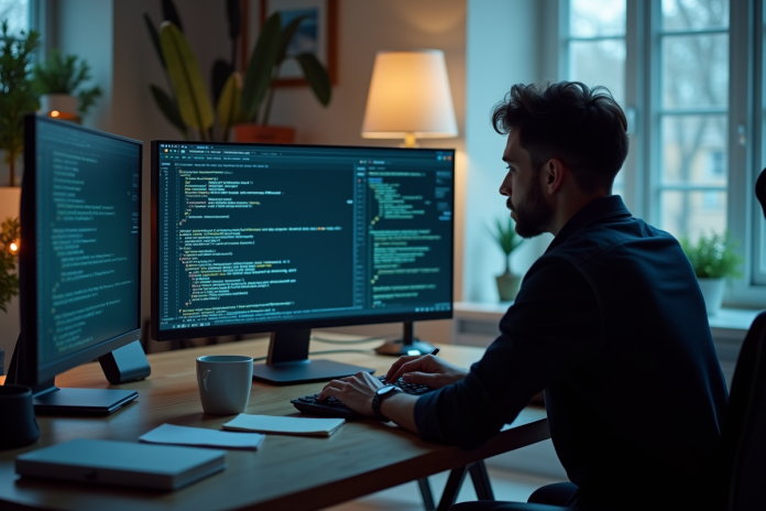 personne-bureau-ordinateur-code Personne concentrée sur un ordinateur portable avec code et notes