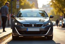 Voiture Peugeot 308 GT Line en ville en plein jour