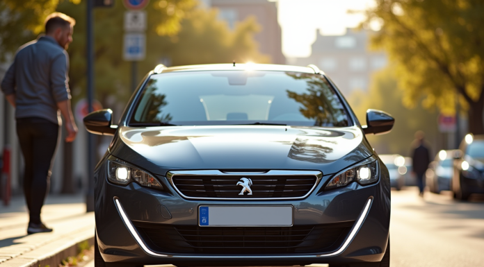 Voiture Peugeot 308 GT Line en ville en plein jour