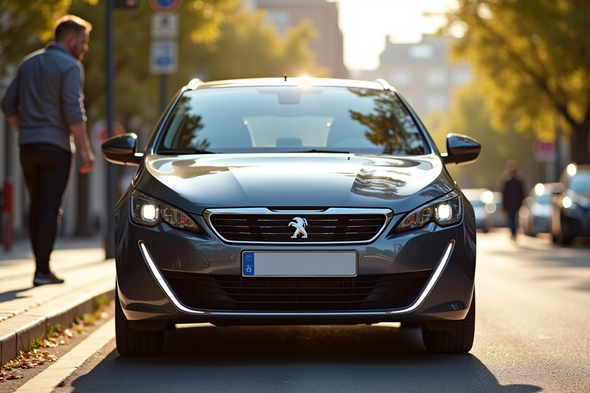 Voiture Peugeot 308 GT Line en ville en plein jour