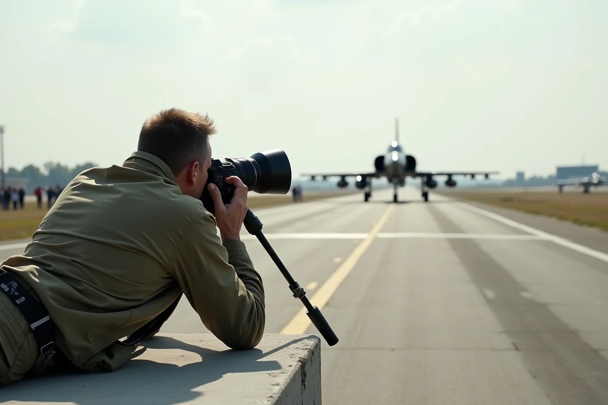 Photographe aéronautique allongé capturant un F-4 Phantom en roulage lors d'un airshow