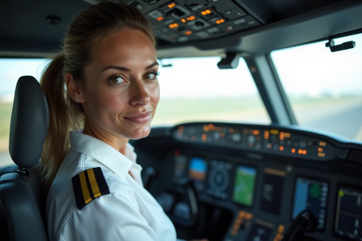 Pilote commerciale femme v&eacute;rifiant les instruments dans le cockpit