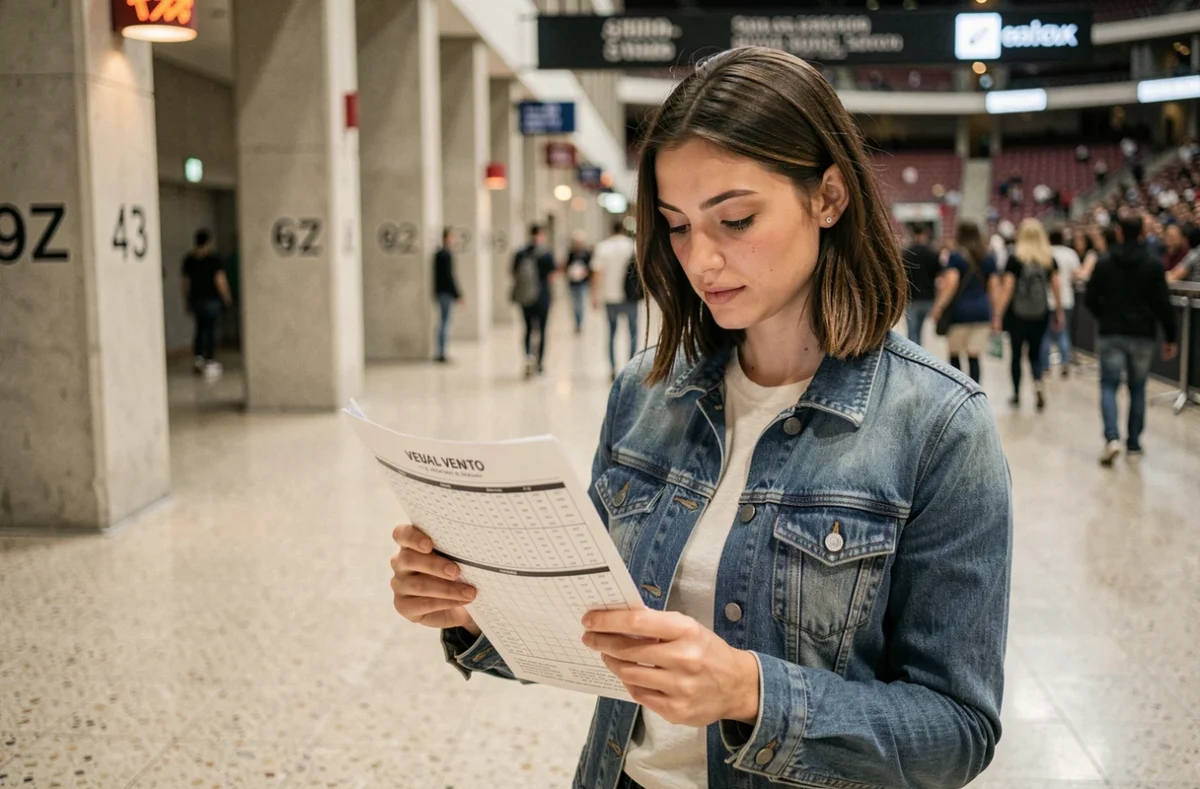 Femme consultant le plan de salle de l'Accor Arena Paris dans le couloir d'accès avec numéros de portes visibles