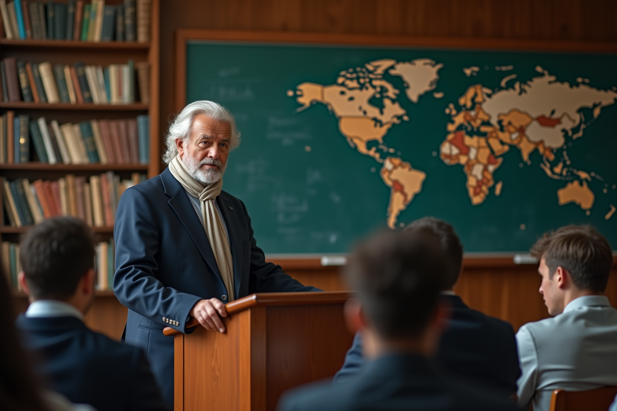Professeur âgé en classe avec étudiants attentifs