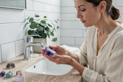 Femme purifiant une pierre d'améthyste violette sous l'eau courante dans une salle de bain lumineuse