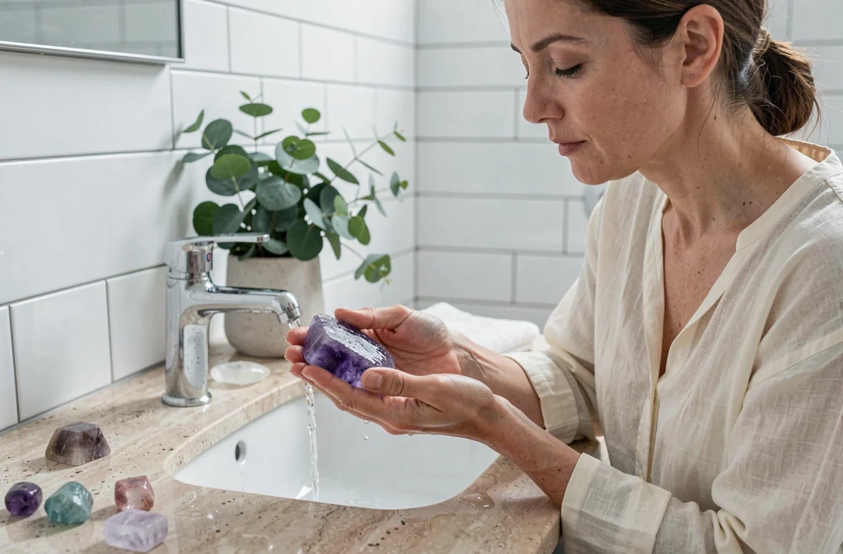 Femme purifiant une pierre d'améthyste violette sous l'eau courante dans une salle de bain lumineuse