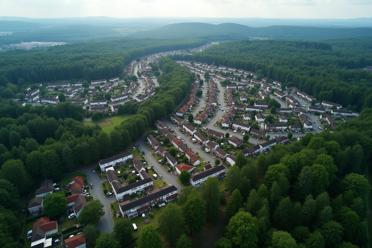 Maisons suburbaines bordant une forêt dense vue aérienne
