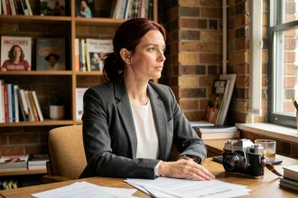 Portrait éditorial d'une femme journaliste dans un bureau vintage, évoquant le parcours de Rachel Garrat-Valcarcel
