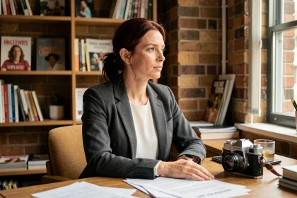 Portrait éditorial d'une femme journaliste dans un bureau vintage, évoquant le parcours de Rachel Garrat-Valcarcel