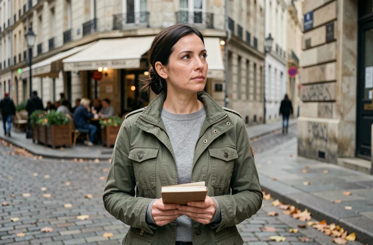 Journaliste femme en reportage dans une rue européenne pavée, symbolisant le terrain et l'engagement de Rachel Garrat-Valcarcel