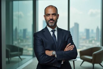 Portrait d'un homme d'affaires prospère en costume marine dans un lobby moderne, illustrant le profil professionnel de Ramtin Abdo
