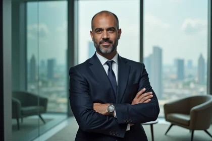 Portrait d'un homme d'affaires prospère en costume marine dans un lobby moderne, illustrant le profil professionnel de Ramtin Abdo