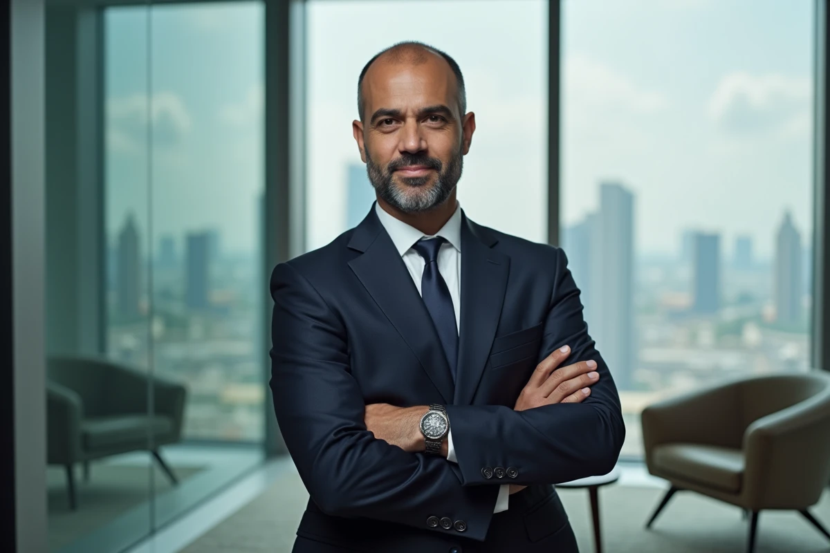 Portrait d'un homme d'affaires prospère en costume marine dans un lobby moderne, illustrant le profil professionnel de Ramtin Abdo