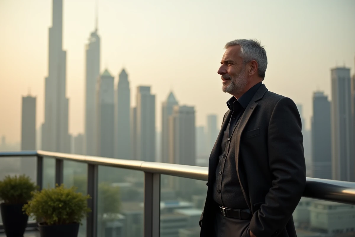 Portrait extérieur d'un entrepreneur sur une terrasse urbaine avec vue sur la ville, symbolisant la réussite et le parcours de Ramtin Abdo