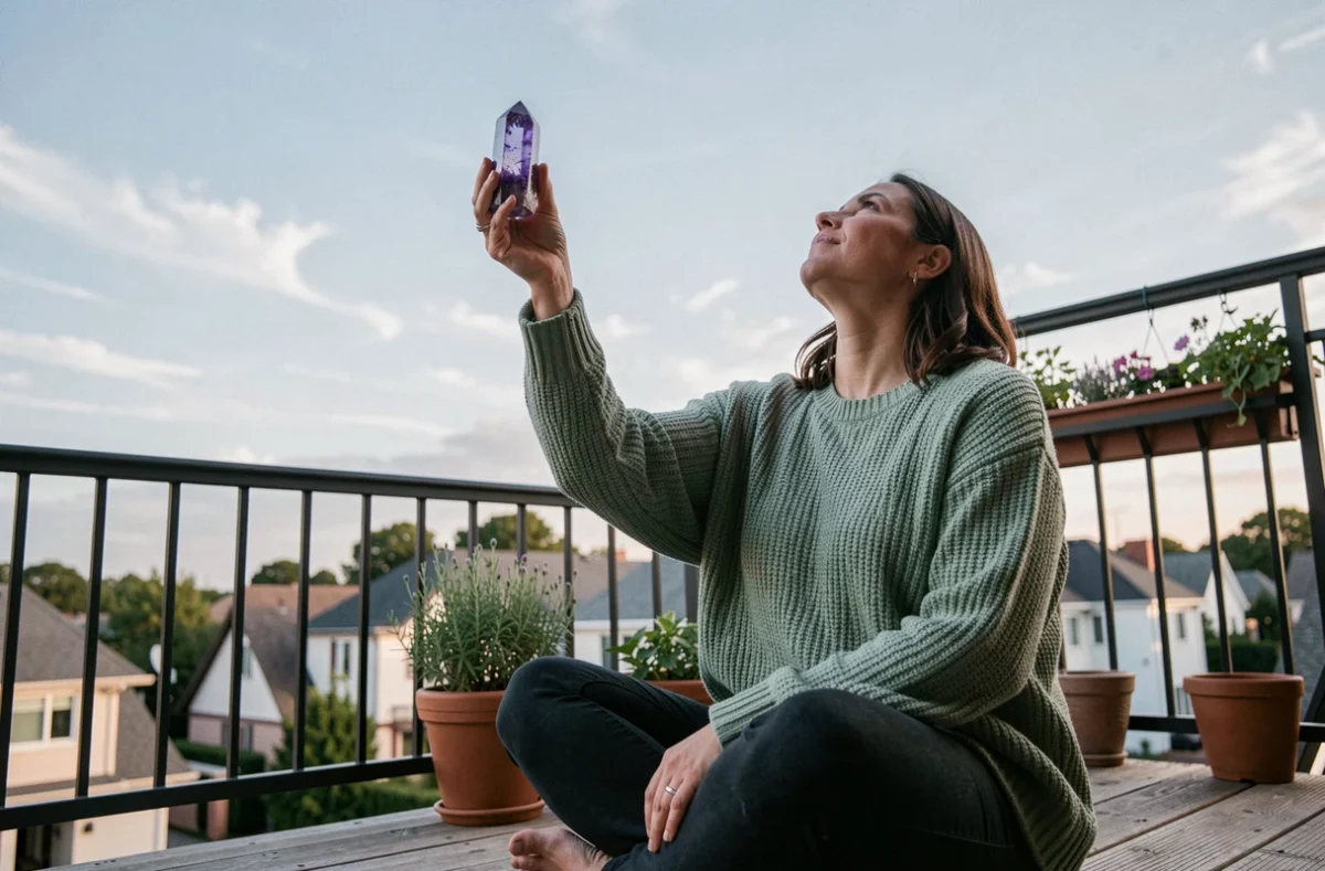 Femme rechargeant une améthyste violette en plein air sous le ciel clair sur un balcon