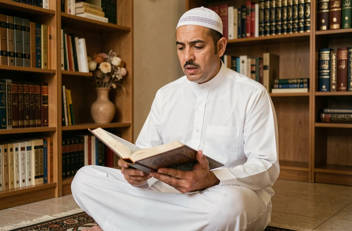 Homme récitant le Coran ouvert sur Sourate Al Mulk dans une salle d'étude islamique traditionnelle