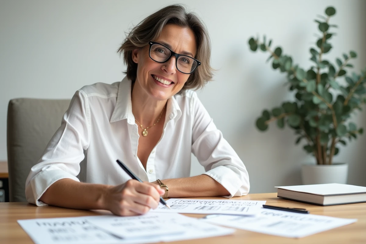 Femme élégante et souriante rédigeant un message de vœux humoristique pour le Nouvel An à son bureau, entourée de cartes manuscrites et de brouillons raturés