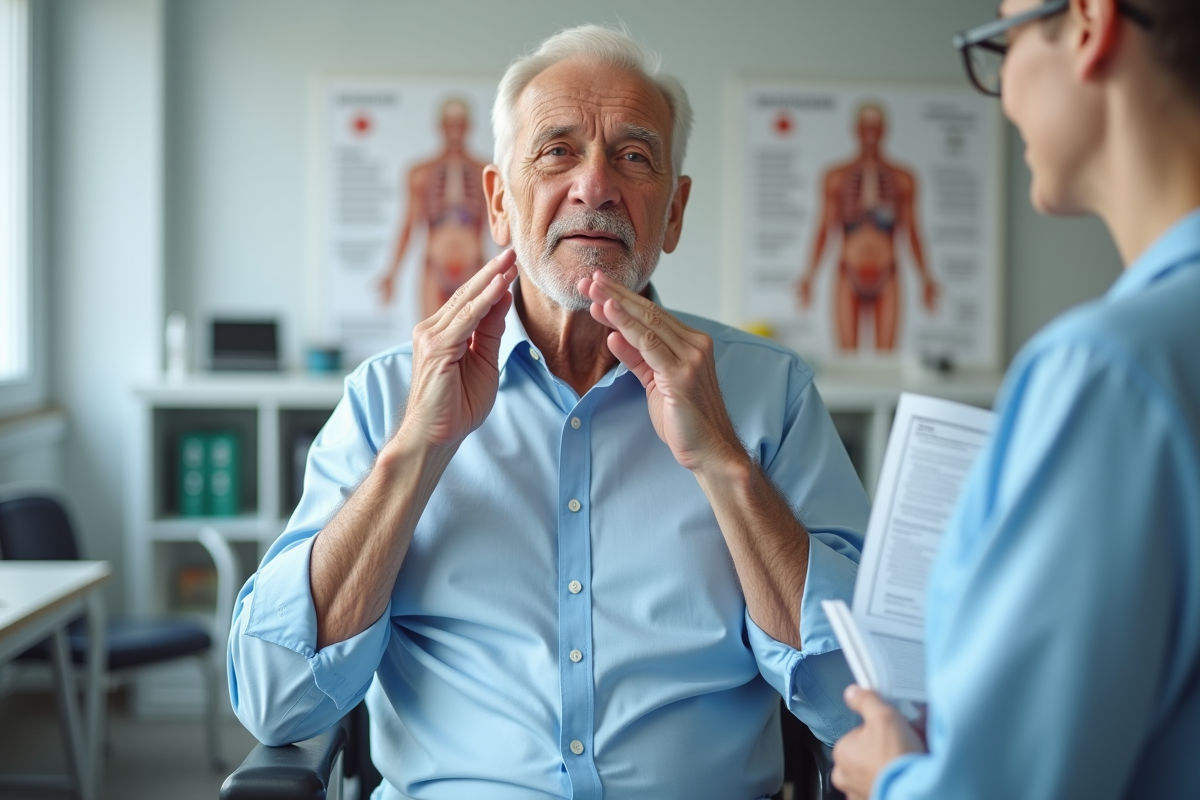 Homme âgé suivant une séance de respiration en clinique