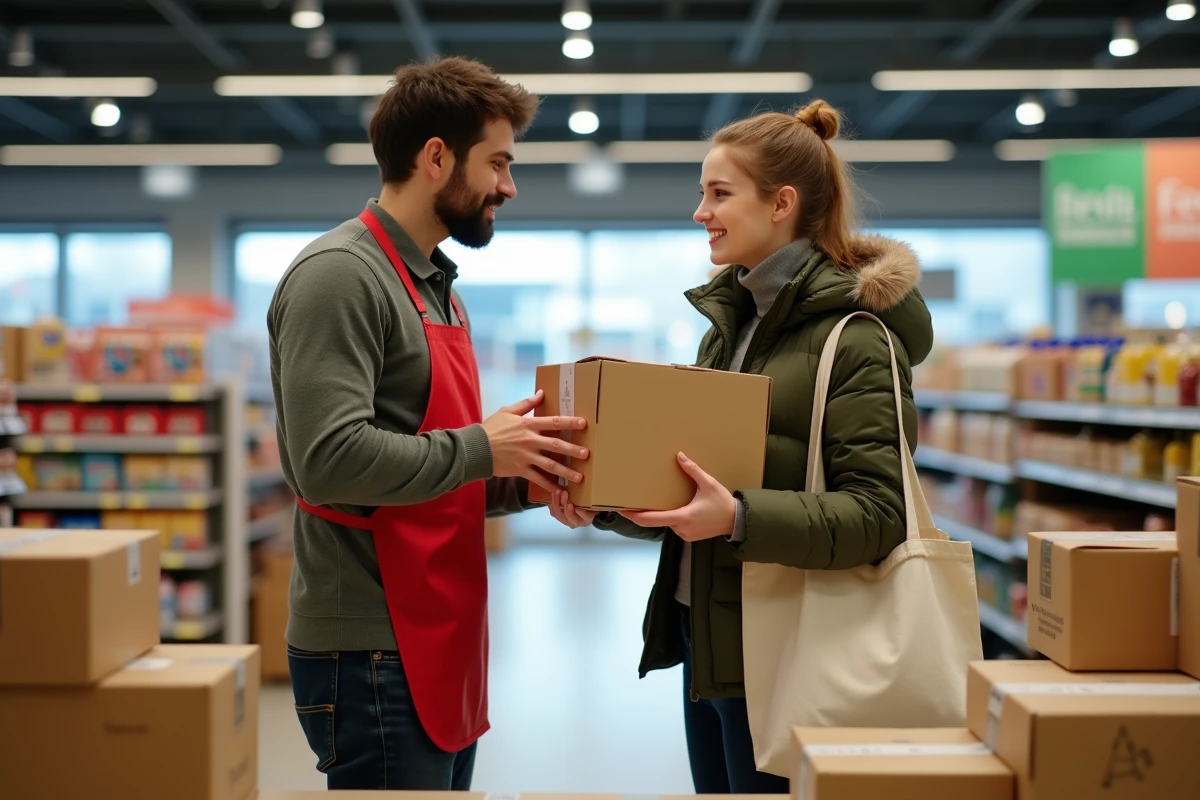 Employé de supermarché remettant un colis à une cliente au comptoir relais