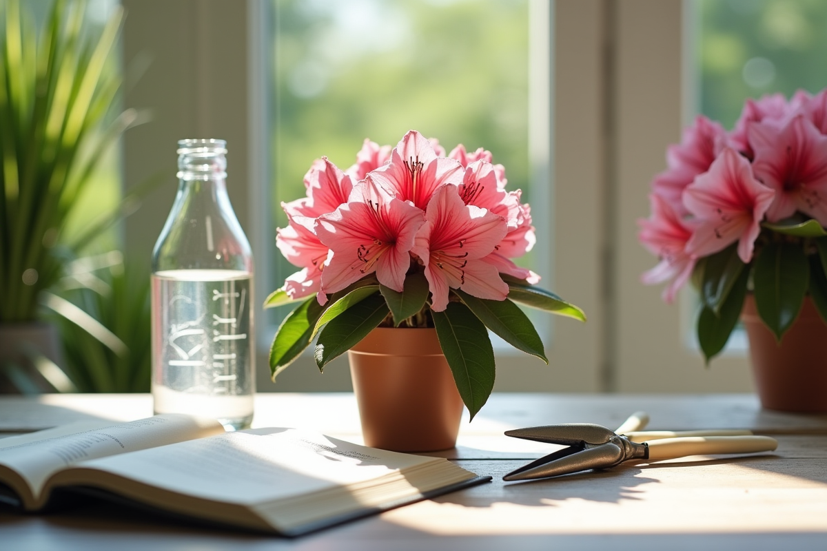 Rhododendron mal préparé avec guide et outils de jardinage