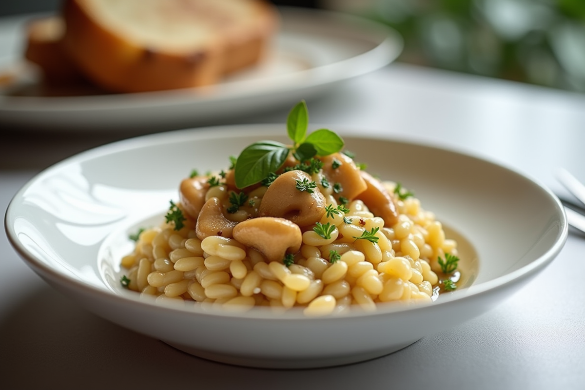 Risotto aux chanterelles présenté dans une assiette blanche moderne