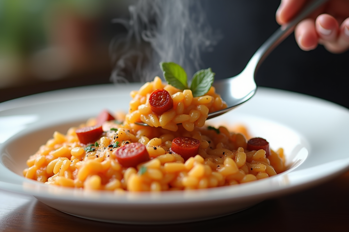 Gros plan sur risotto avec chorizo et cuillère