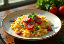 Assiette de risotto crémeux avec chorizo frais