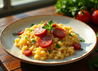 Assiette de risotto crémeux avec chorizo frais