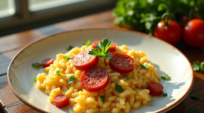 Assiette de risotto crémeux avec chorizo frais