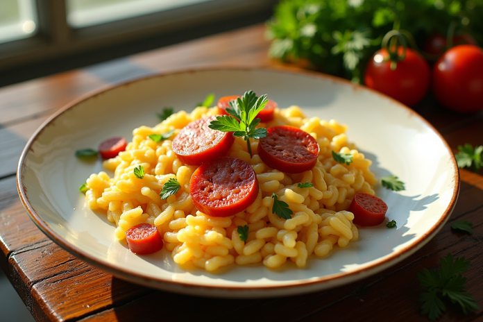 risotto-cremeux-chorizo-parsley Assiette de risotto crémeux avec chorizo frais