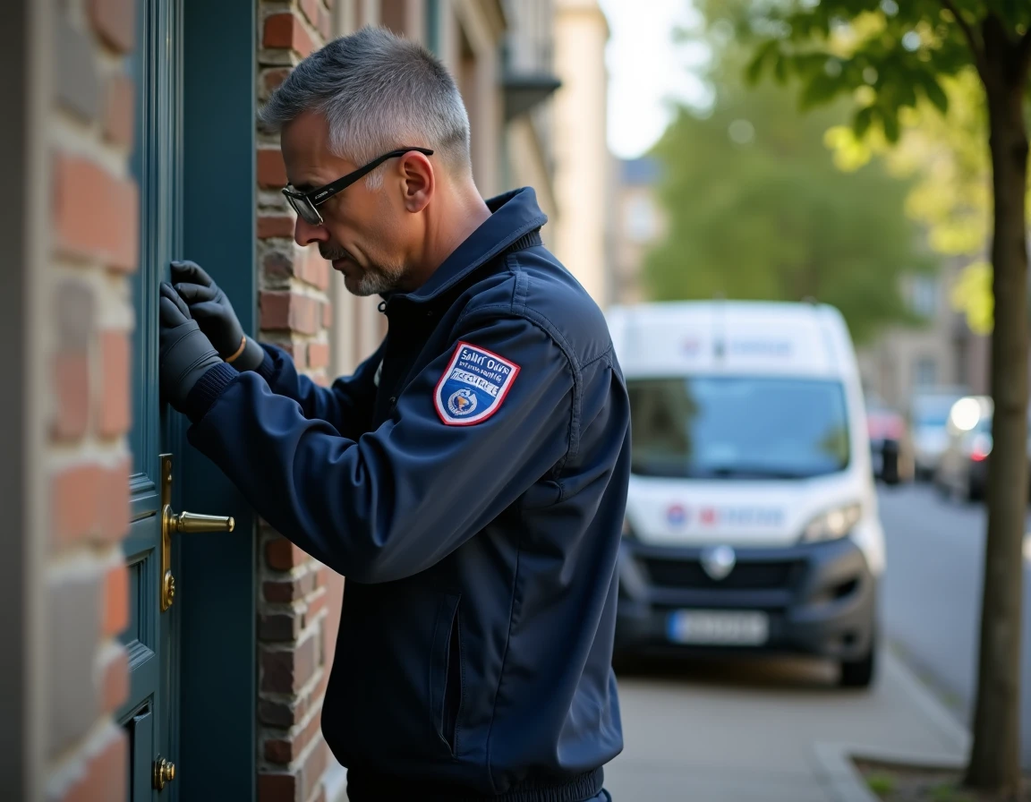 Spécialiste de Saint Ouen Sécurité posant un blindage de porte devant un appartement à Saint-Ouen