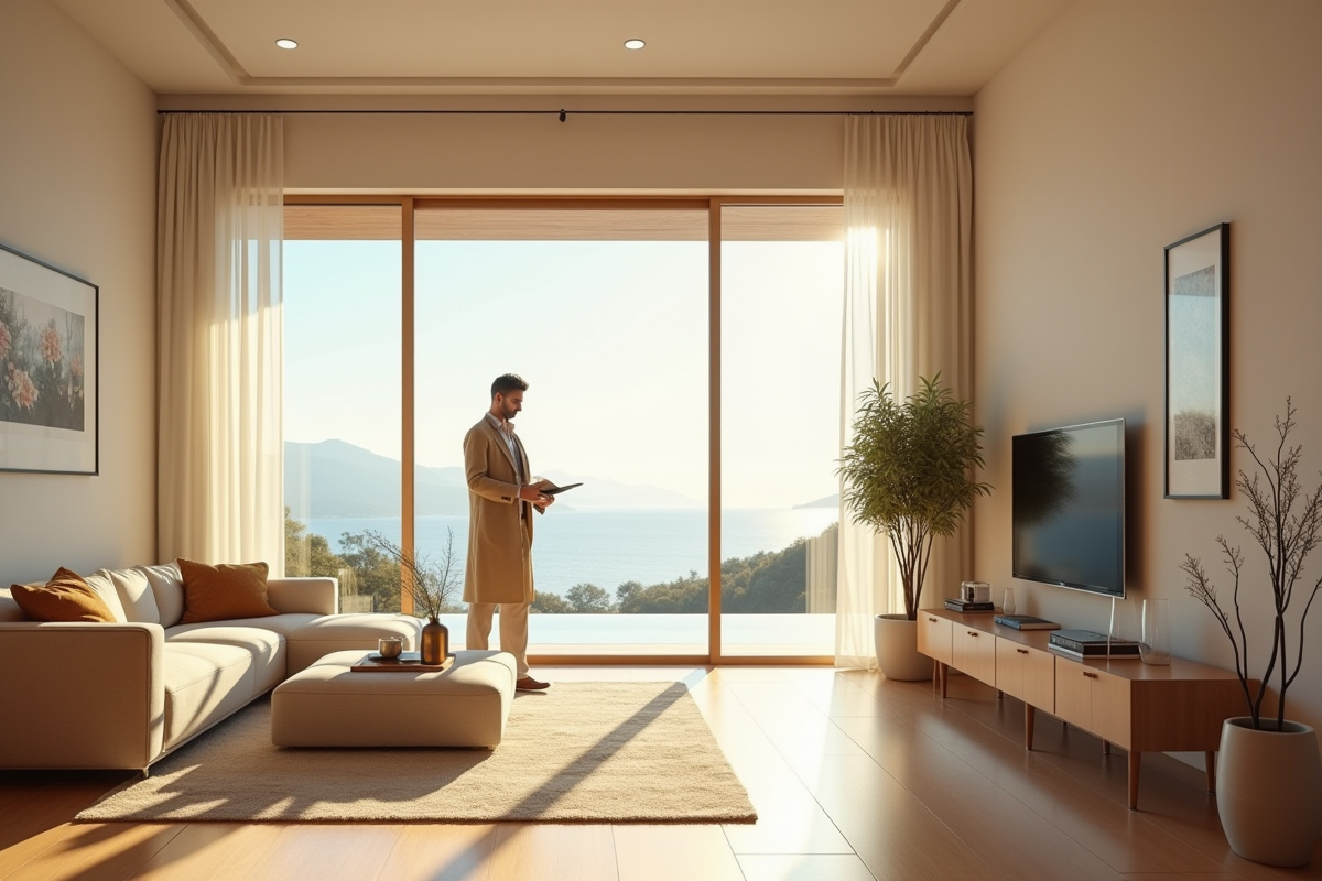 Salon lumineux avec vue panoramique dans une maison de vacances