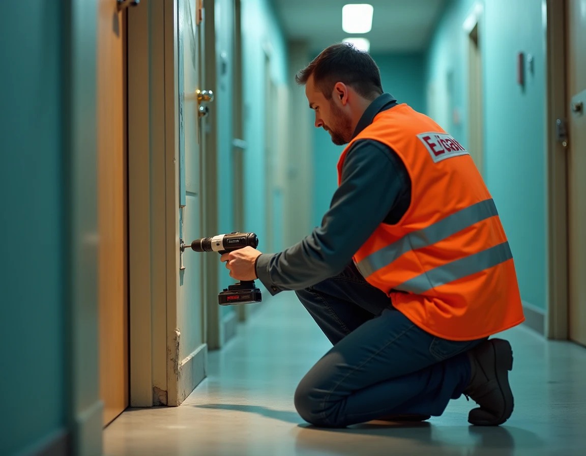 Technicien de Serrurerie Eclair en intervention dans un couloir d'immeuble avec une perceuse professionnelle