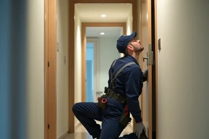 Serrurier professionnel en intervention devant une porte d'appartement en Seine-Saint-Denis