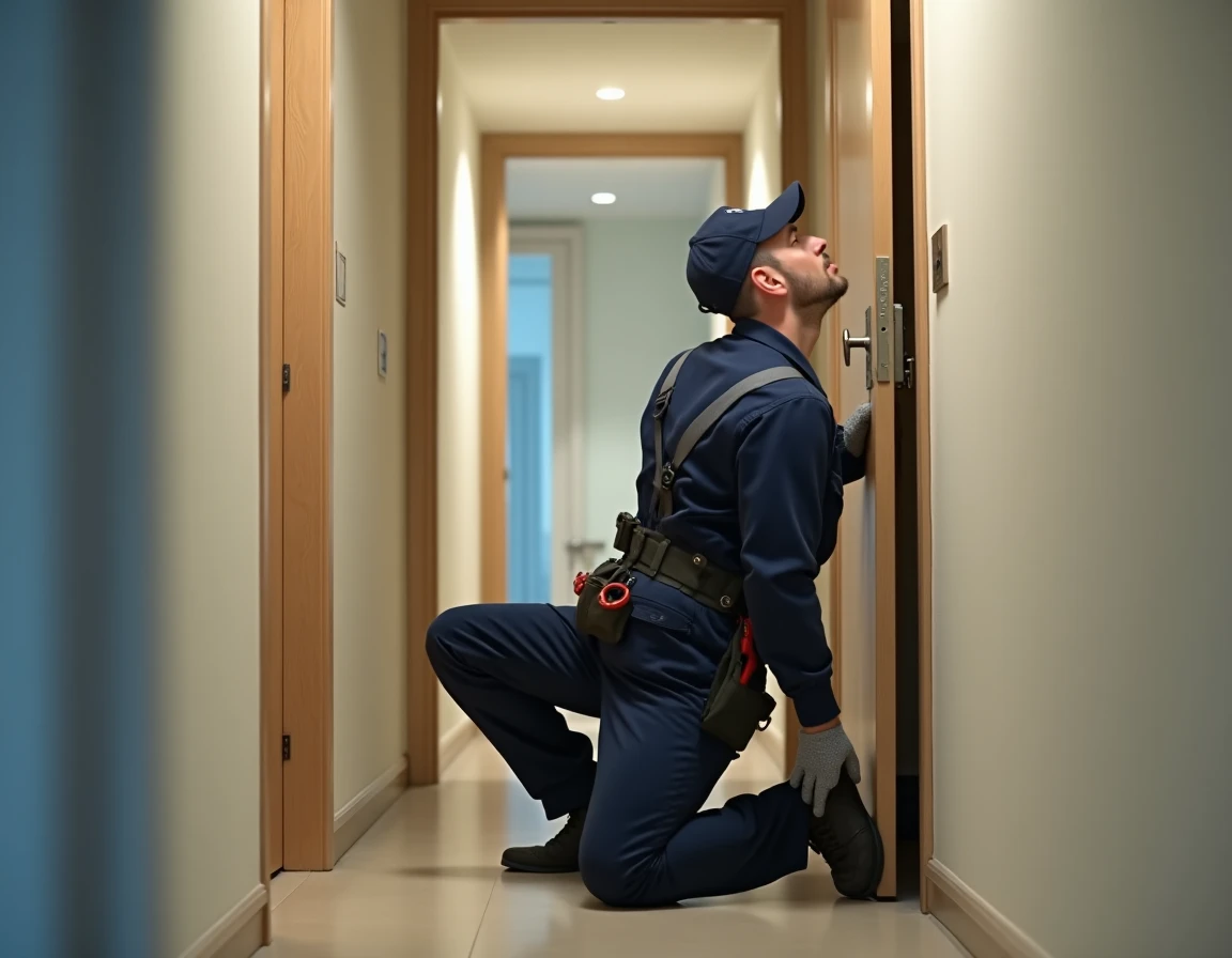 Serrurier professionnel en intervention devant une porte d'appartement en Seine-Saint-Denis