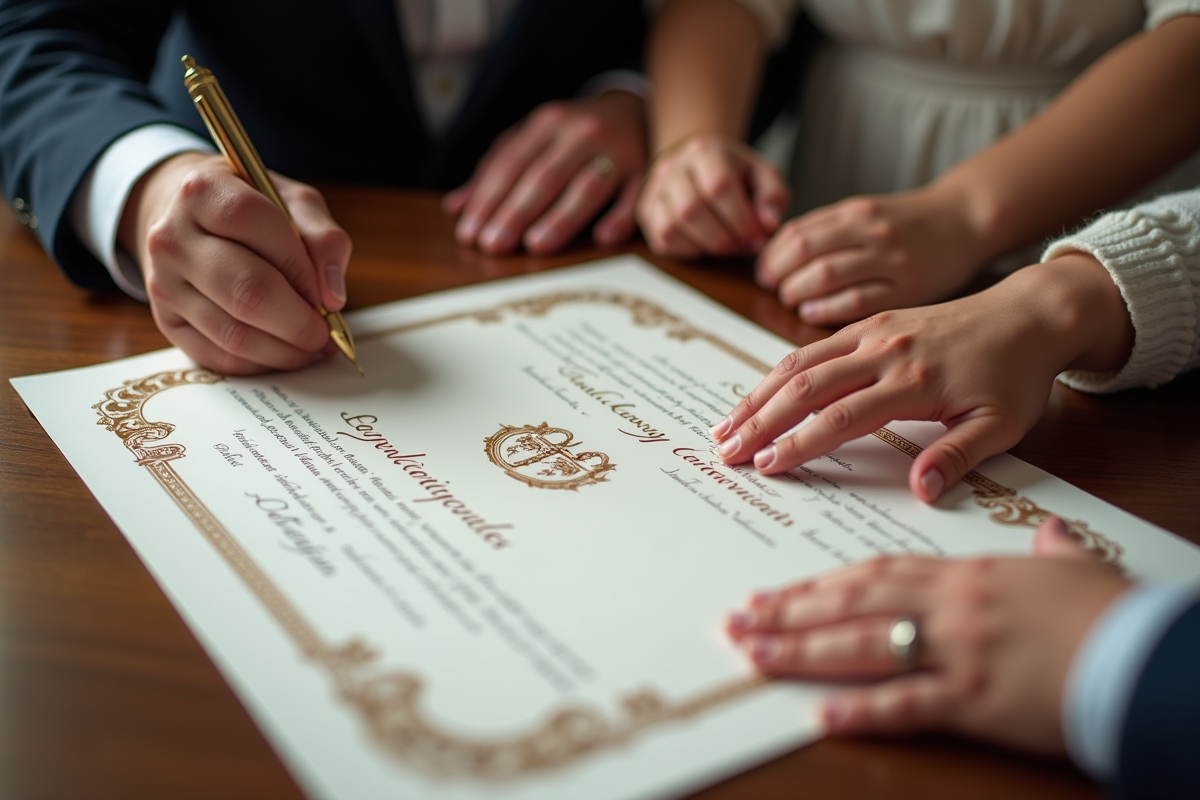 Signature officielle avec bébé touchant le document
