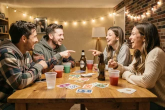Groupe de jeunes adultes riant autour d'une table lors d'une soirée jeu à boire avec cartes et bières