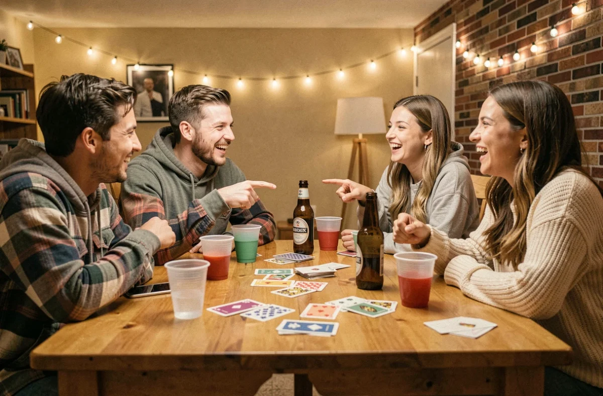 Groupe de jeunes adultes riant autour d'une table lors d'une soirée jeu à boire avec cartes et bières