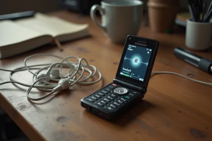 Ancien Sony Ericsson posé sur un bureau en bois avec des écouteurs filaires, affichant une interface de lecteur MP3 personnalisé